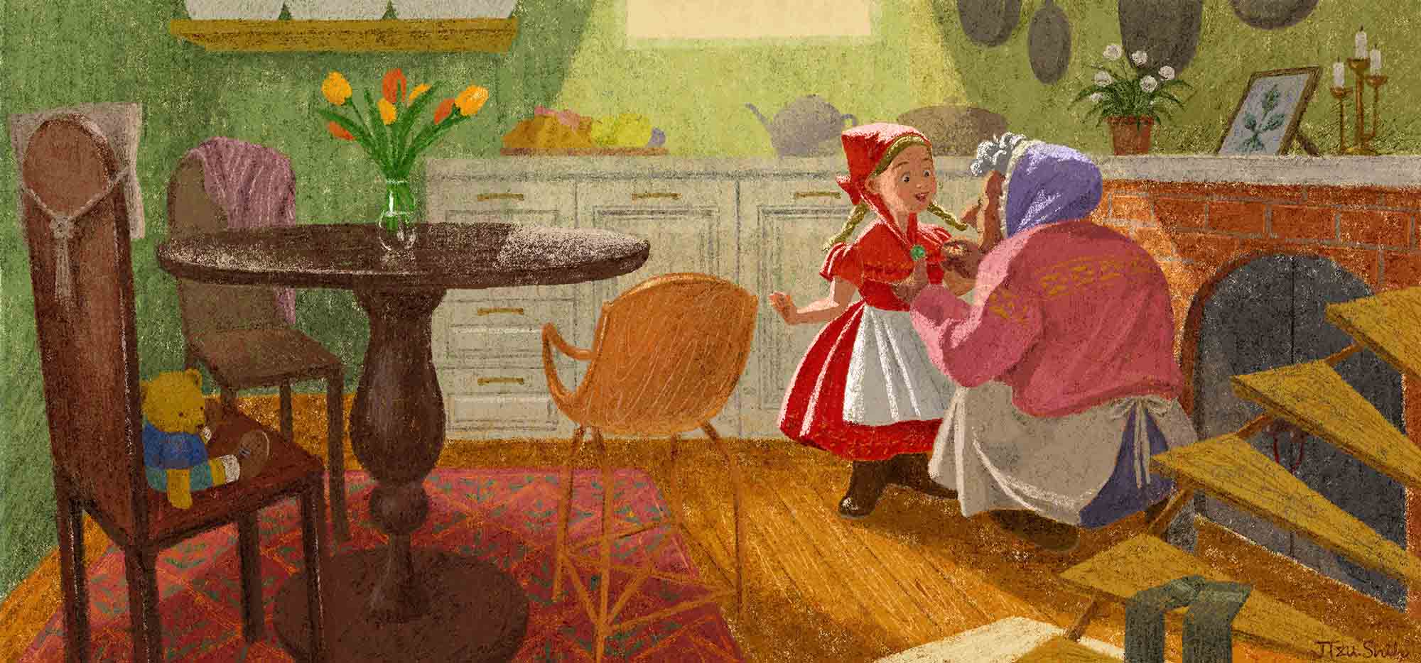 Little Red Riding Hood - The grandma is draping a shawl over her.
