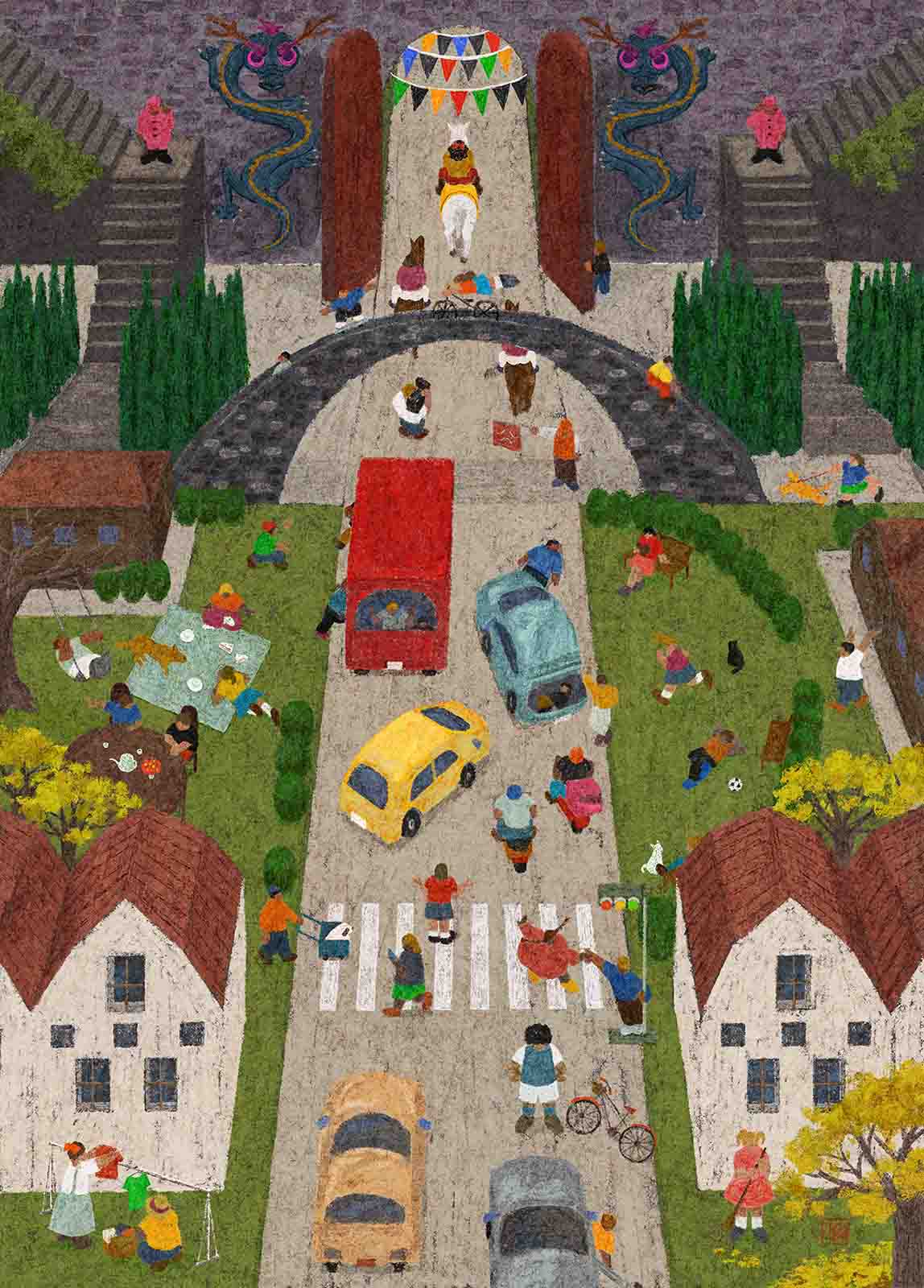 Looking down over the town, a lot is happening.