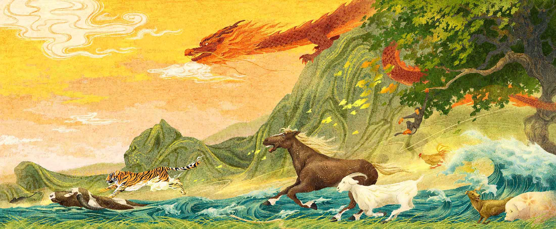 Twelve Zodiac Signs - From Chinese myth, they are Rat, Ox, Tiger, Rabbit, Dragon, Snake, Horse, Goat, Monkey, Rooster, Dog, Pig.